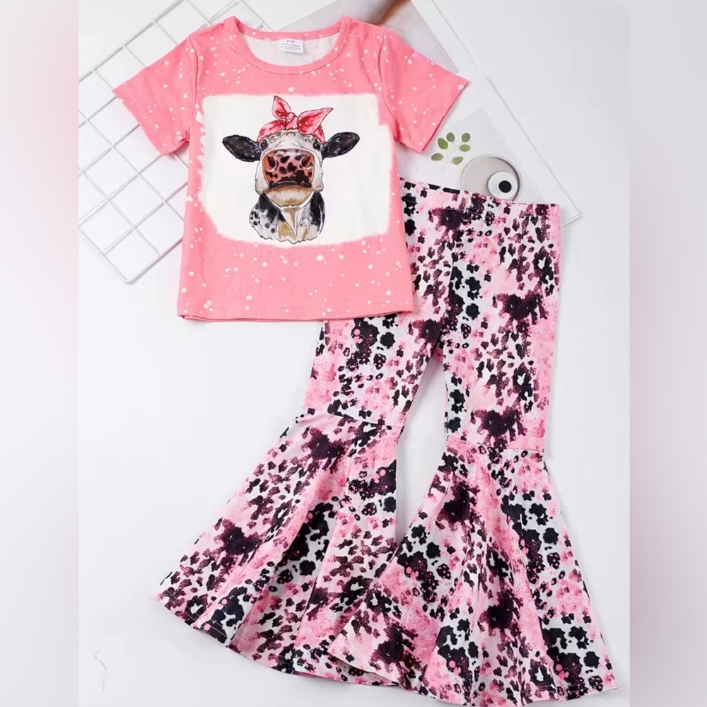 Girls Boutique Western Pink Cow Graphic Top & Cow print Bell Bottom Pants Set